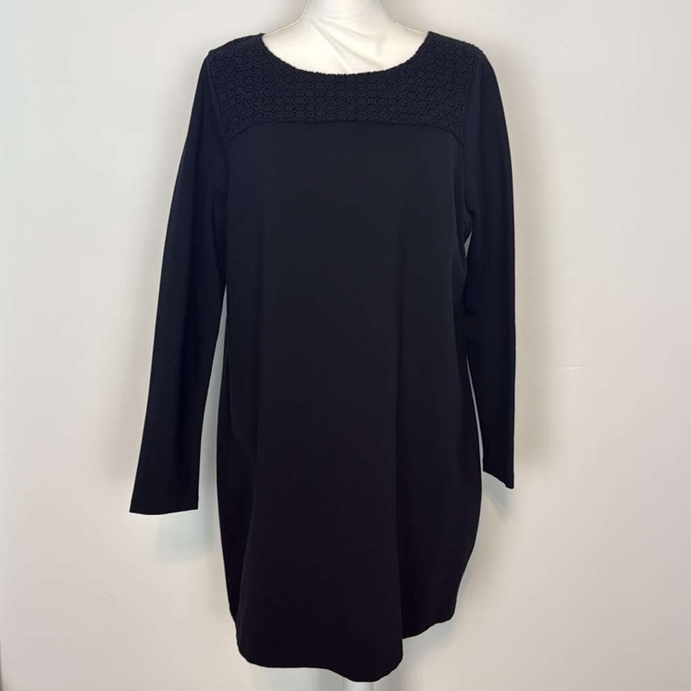 Boden Black Cotton Blend Shift/Tunic Dress Crochet Detail. Size 14. Lagenlook.